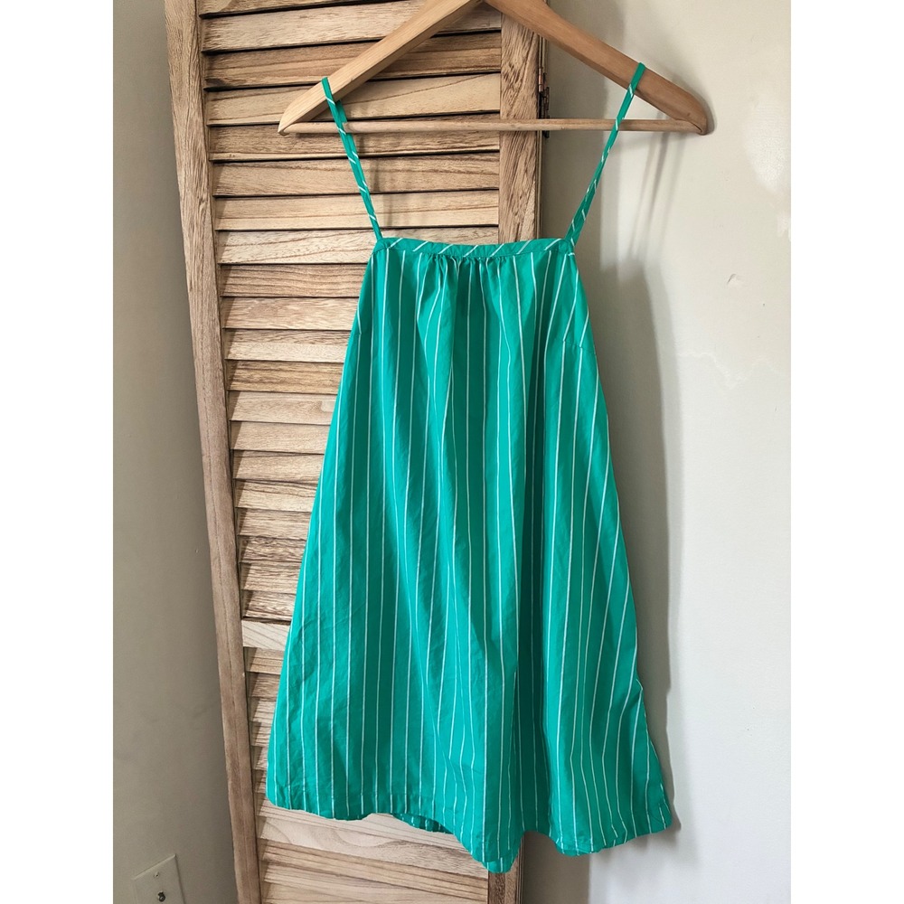 Green White Striped Cotton Tie Back Mini Dress with Pockets Boho Size Small